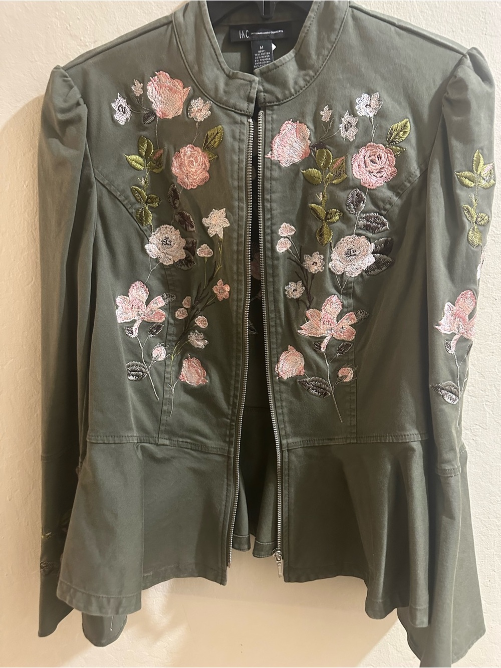 INC International Concepts Olive Green Embroidered Floral Peplum Jacket